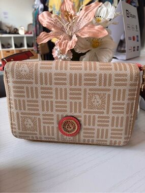 Anne Klein Beige Patterned Crossbody Bag with Coral Accent